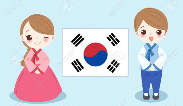cartoon korea people on the blue background